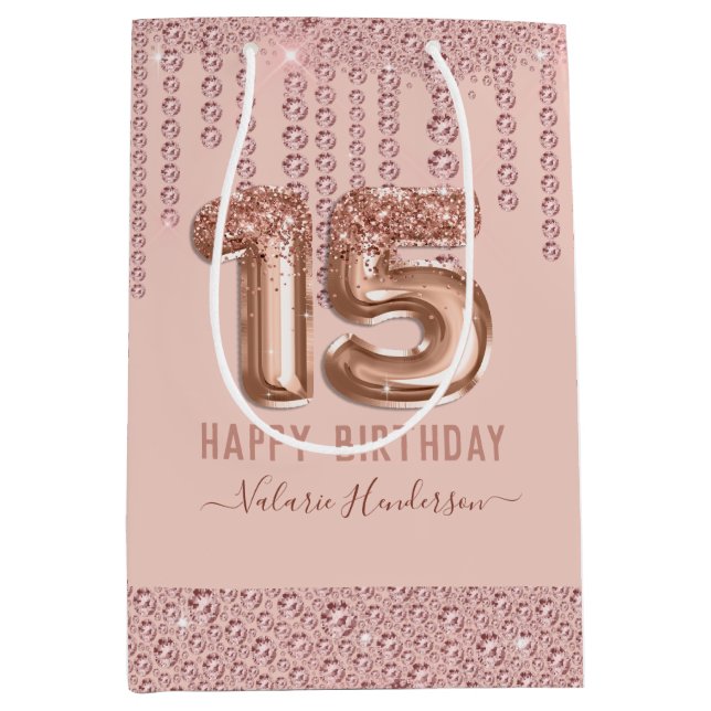 Blush Pink Diamond Drips Happy 15th Birthday Medium Gift Bag (Front)