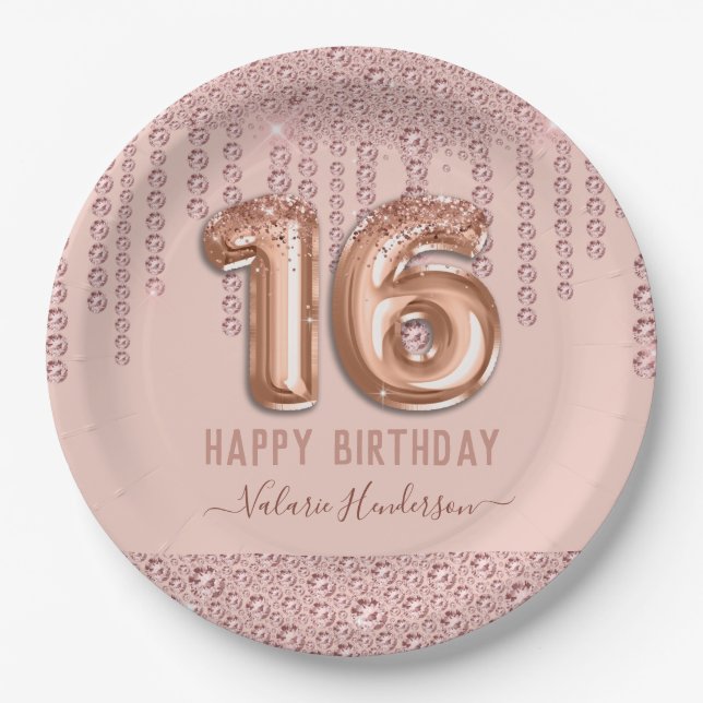 Blush Pink Diamond Drips Happy 16th Birthday Paper Plate (Front)