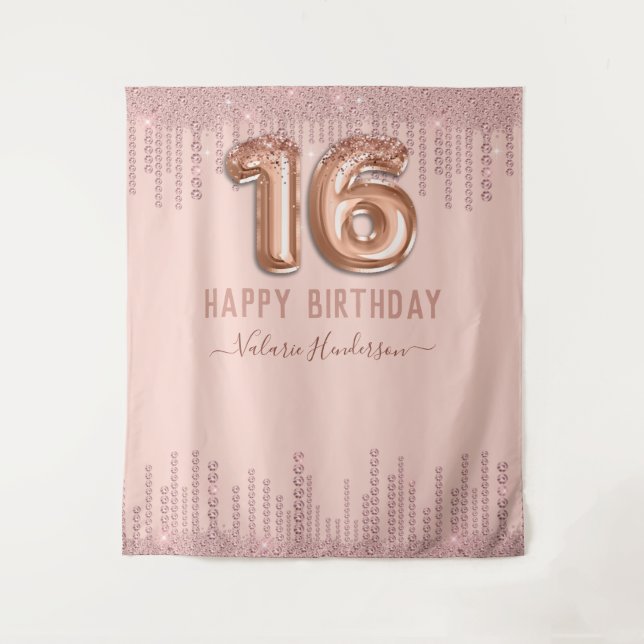 Blush Pink Diamond Drips Happy 16th Birthday Tapestry (Front)