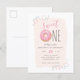 Blush | Pink Doughnut Sprinkle Sweet 1st Birthday Invitation Postcard