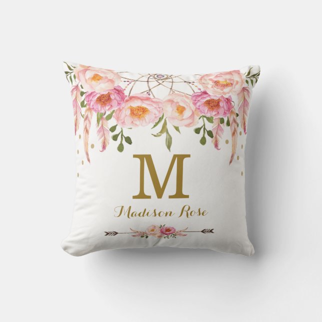 Blush Pink Dreamcatcher Monogram Nursery Decor Throw Pillow (Front)