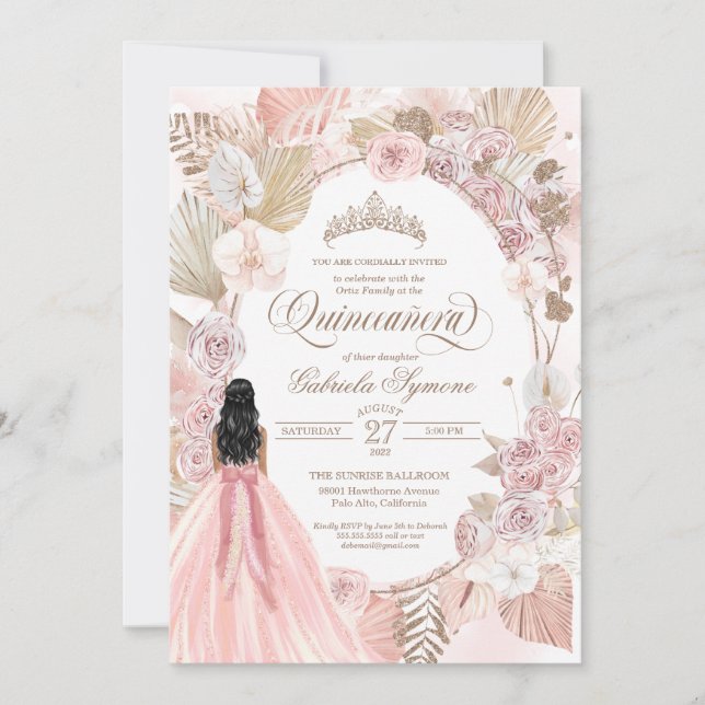 Blush Pink Dried Floral Rose Boho Quinceanera Invitation (Front)