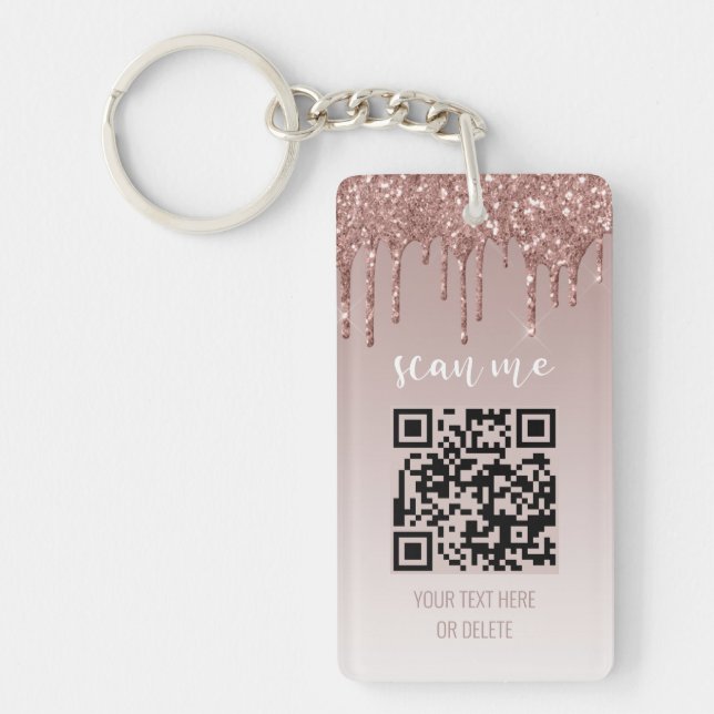 Blush Pink Dripping Glitter QR Code Business Keychain (Front)