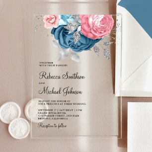 Blush Pink Dusty Blue Floral Wedding Acrylic Invitations