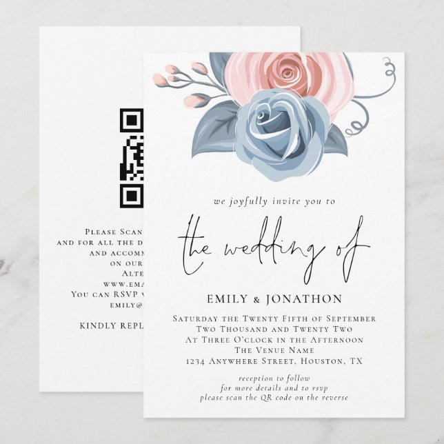 Blush Pink Dusty Blue Florals QR Code Wedding Invitation (Front/Back)