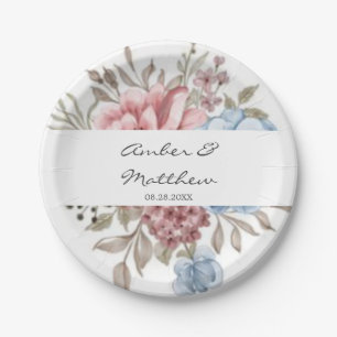 Blush Pink Dusty Blue Peony Wedding Paper Plate