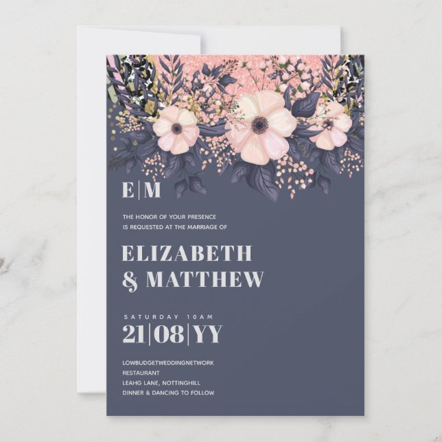 Blush Pink Dusty Blue Rosegold Floral Wedding Chic (Front)