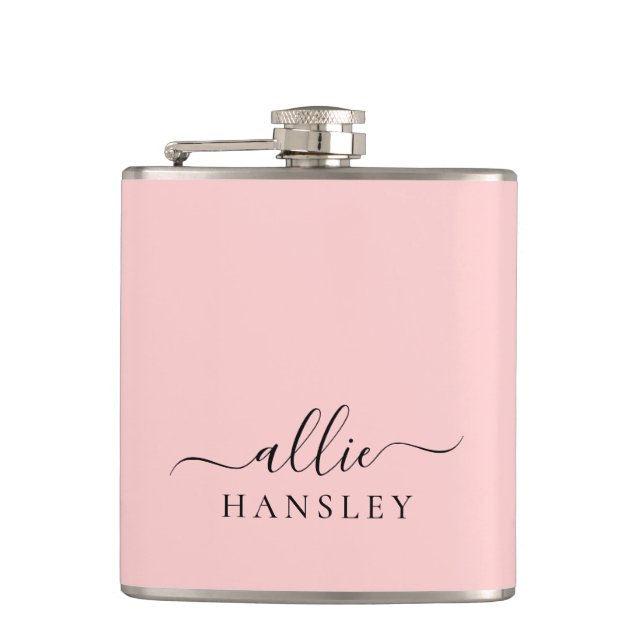 Blush Pink Dusty Pink Modern Minimalist Name Hip Flask (Front)