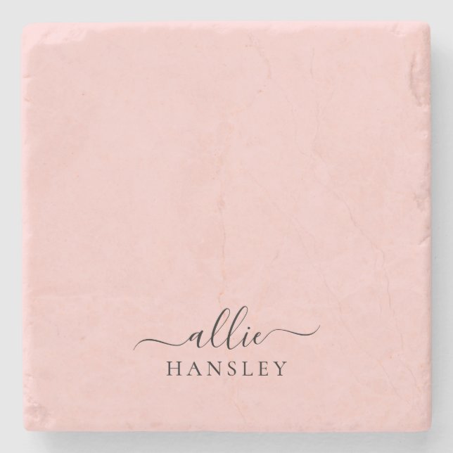 Blush Pink Dusty Pink Modern Minimalist Name Stone Coaster (Front)