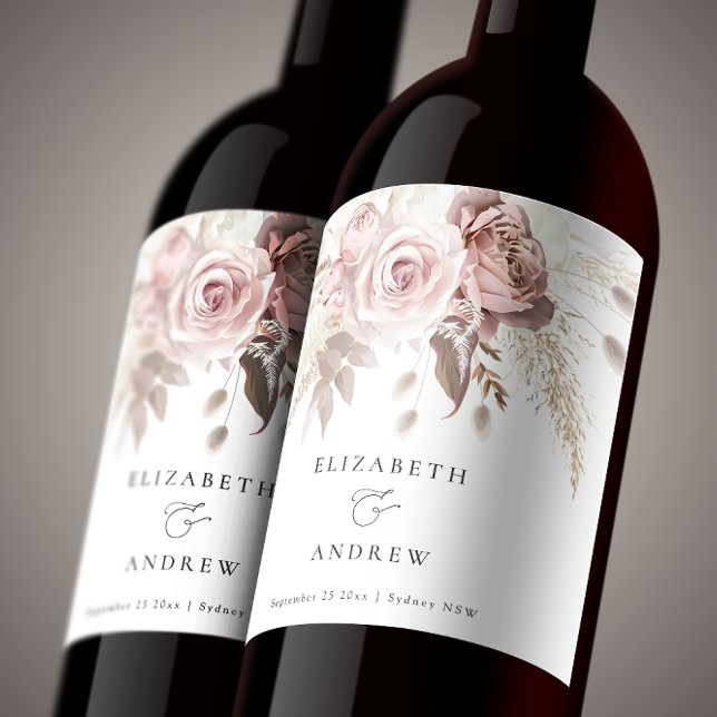 Blush Pink Dusty Rose Floral Wedding Wine Label (Creator Uploaded)