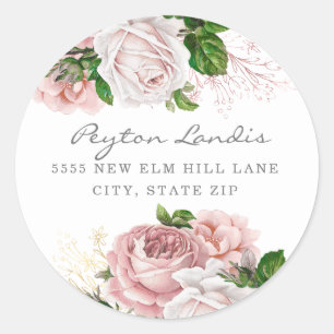 Blush Pink Dusty Rose Floral White Return Address Classic Round Sticker