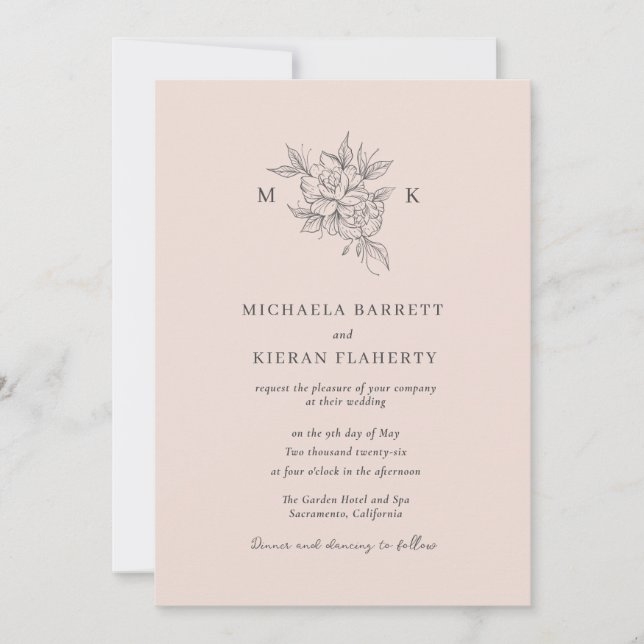 Blush Pink Elegant Botanical Monogram Wedding Invitation (Front)