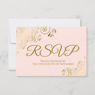 Blush Pink & Elegant Gold Curls Wedding RSVP Card