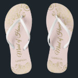 Blush Pink Elegant Gold Lace Maid of Honour Weddin Flip Flops<br><div class="desc">These beautiful wedding flip flops are a great way to thank and recognize your Maid of Honour while saving her feet at the same time. Features an elegant design with golden lace frills on a pale blush pink background and fancy gold coloured script lettering. The test reads Maid of Honour...</div>