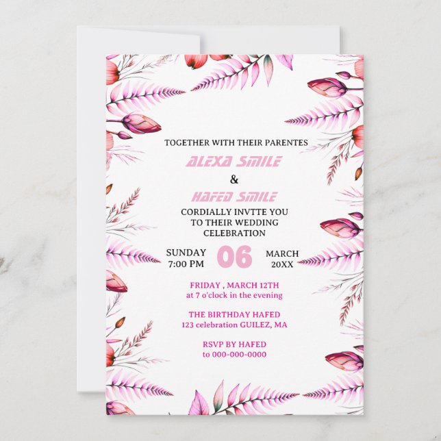 Blush Pink  Elegant Gold Wedding Invitation , Whit (Devant)