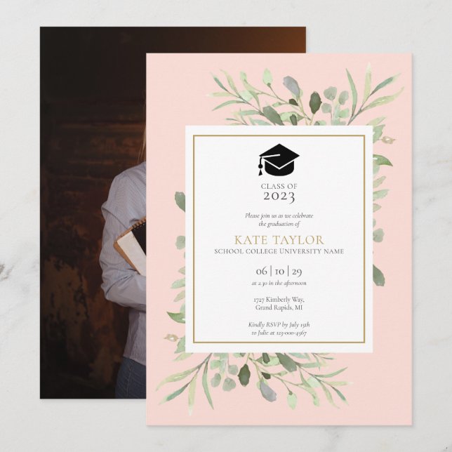 Blush Pink Elegant Greenery Photo Graduation Party Invitation (Front/Back)