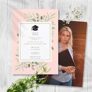 Blush Pink Elegant Greenery Photo Graduation Party Invitation