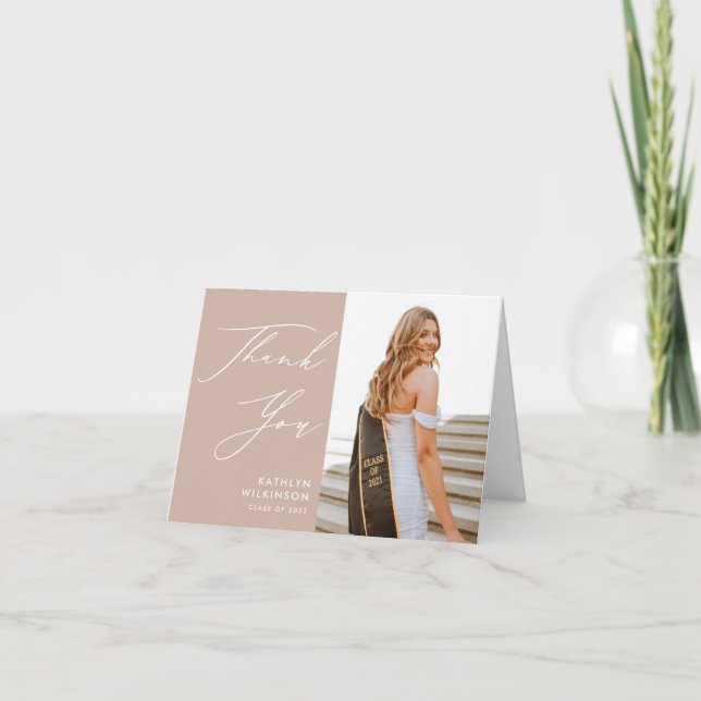 Blush Pink Elegant Script Simple Photo Graduation Thank You Card (Front)