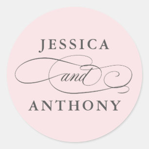 Blush Pink Elegant Wedding with Couple's Names Classic Round Sticker