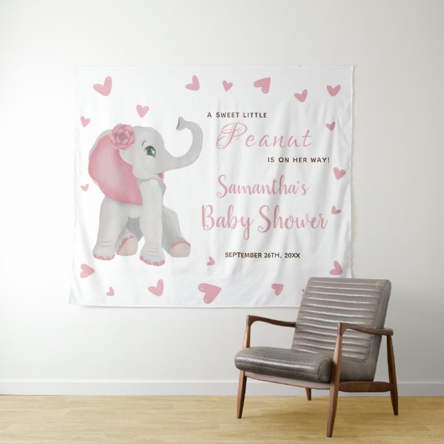 Blush Pink Elephant Baby Shower Backdrop Sign Tapestry (In Situ (Horizontal))