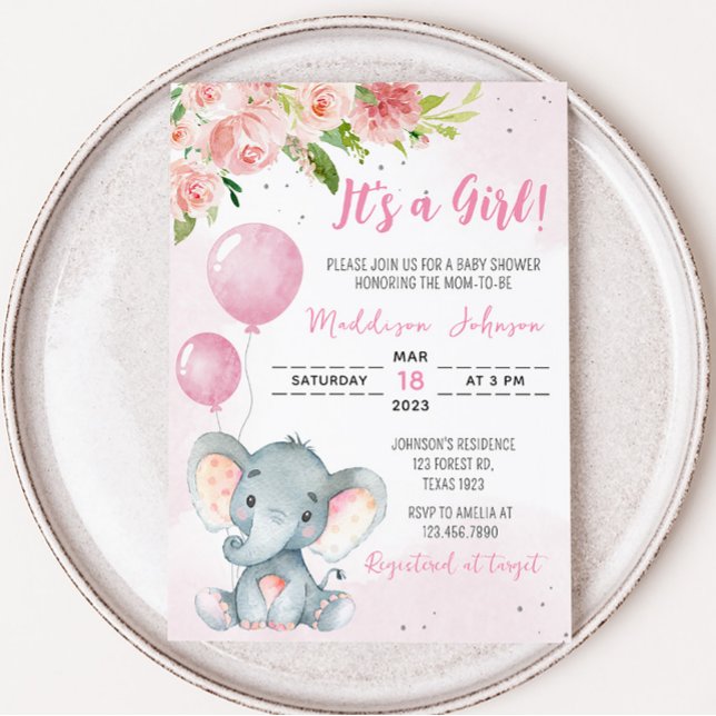 Blush Pink Elephant Baby Shower Invitation (Pink Floral Baby Elephant Baby Shower Invitation)