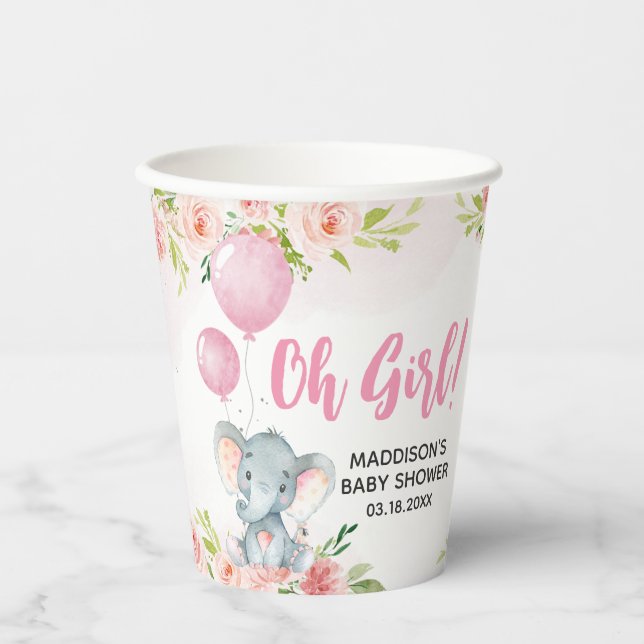 Blush Pink Elephant Baby Shower Paper Cups (Front)