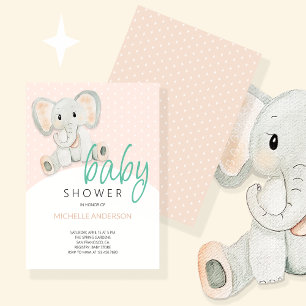 Blush Pink Elephant Girl Watercolor Illustration Invitation