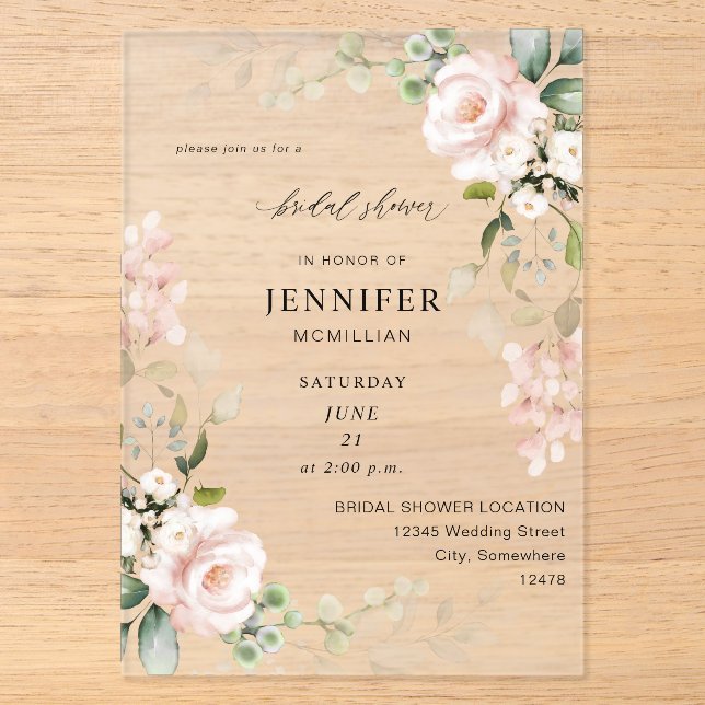 Blush Pink & Eucalyptus Floral Bridal Shower Acrylic Invitations (Front)