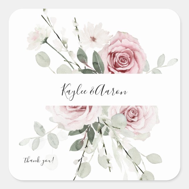 Blush PInk & Eucalyptus Floral Thank You Square Sticker (Front)