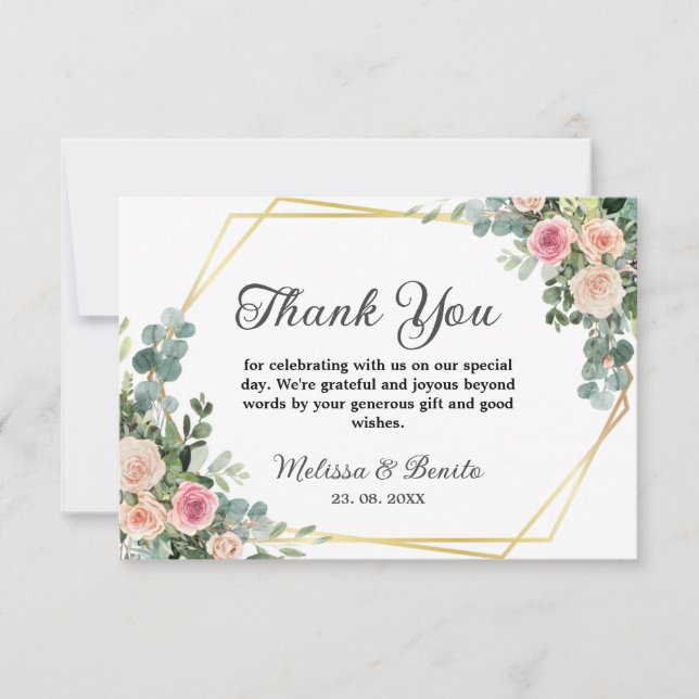 Blush Pink Eucalyptus Watercolor Geometric Wedding Thank You Card (Front)