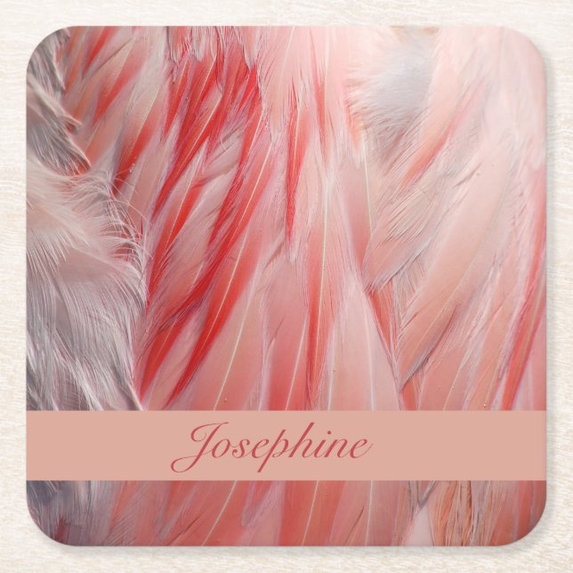 Blush Pink Exotic Flamingo Bird Feathers Texture Square Paper Coaster (Front)