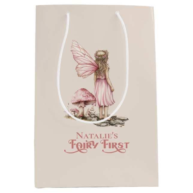 Blush Pink Fairy First Birthday Party Personalized Medium Gift Bag (Front)