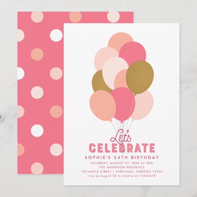 Blush Pink Faux Gold Balloons Any Age Birthday Invitation (Front/Back)