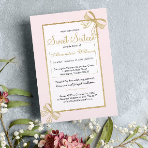Blush pink faux gold glitter bow Sweet 16 Invitation