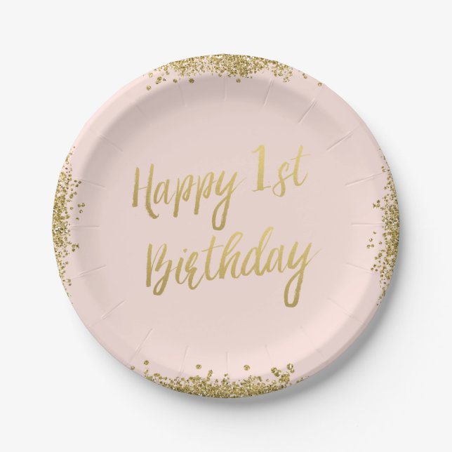 Blush Pink Faux Gold Glitter First Birthday Paper Plate (Front)