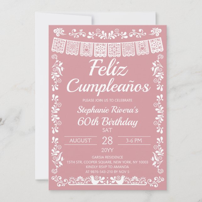 Blush Pink Feliz Cumpleaños 60th Birthday Invitation (Front)