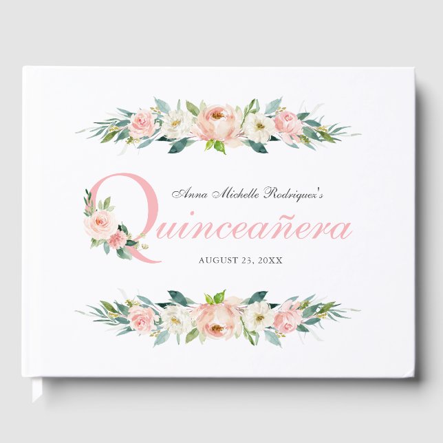 Blush Pink Feminine Floral Quinceanera Guest Book (Front)