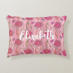  Blush Pink Feminine Floral Striped Print Add Name Accent Pillow