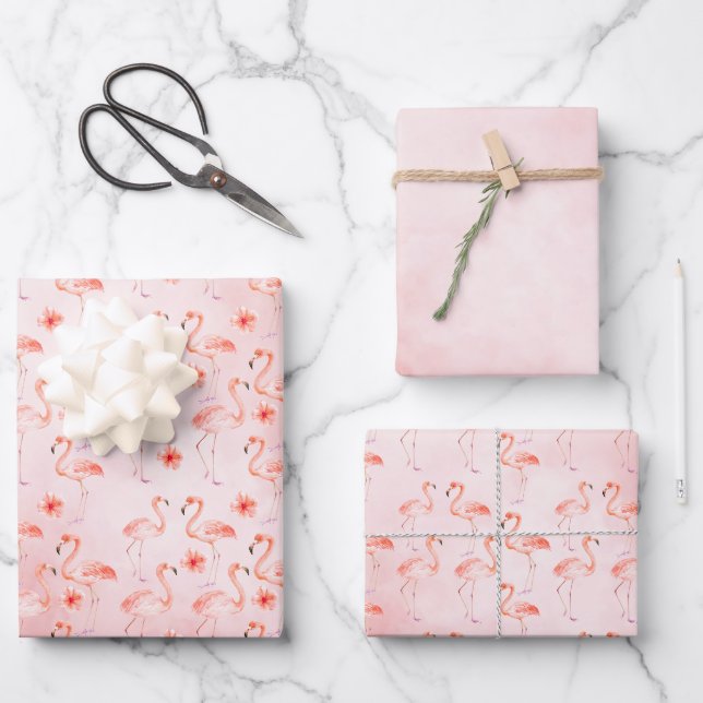 Blush Pink Flamingos Hibiscus Floral   Wrapping Paper Sheet (Front)