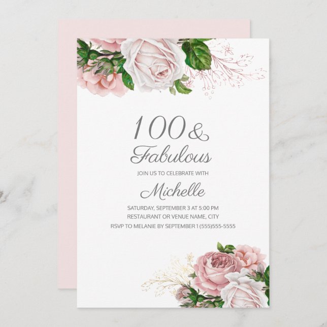 Blush Pink Floral 100 and Fabulous Birthday Invitation (Front/Back)