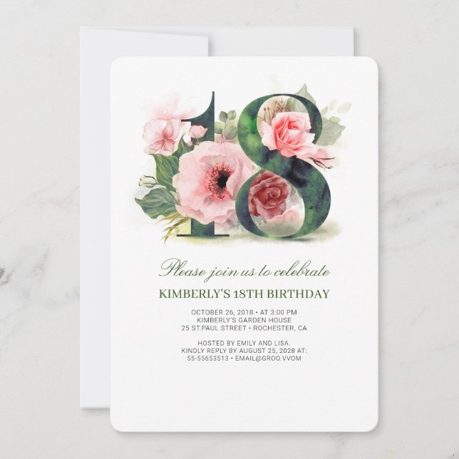 Blush Pink Floral 18th Birthday Party Invitation (Front)