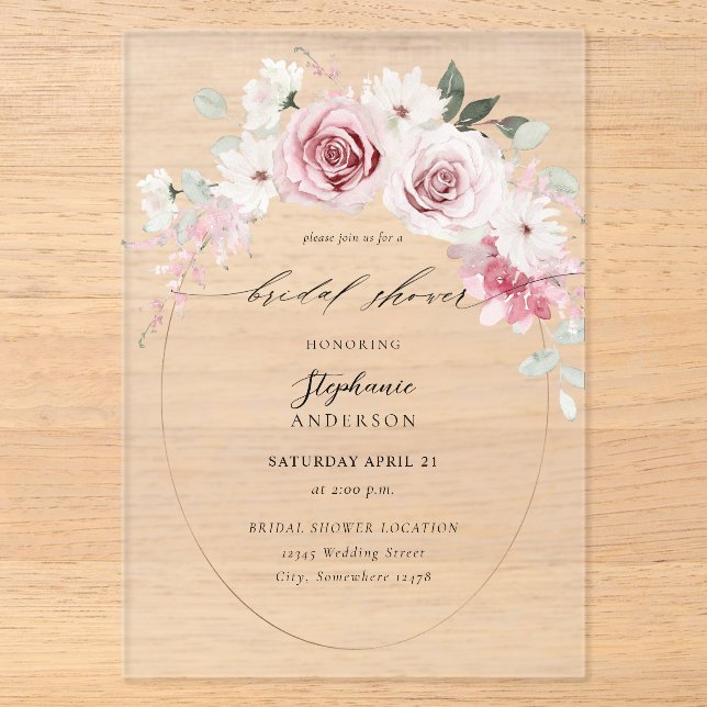 Blush Pink Floral 2 Bridal Shower  Acrylic Invitations (Front)