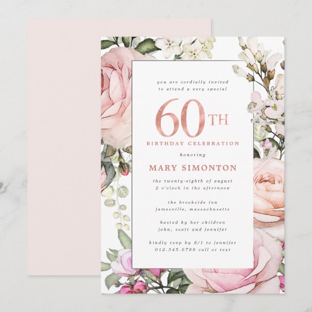 Blush Pink Floral 60th Birthday Party Invitation (Front/Back)