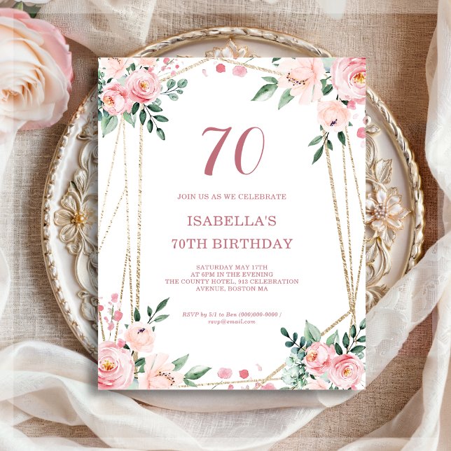 Blush Pink Floral 70th Budget Birthday Invitation (Creator Uploaded)