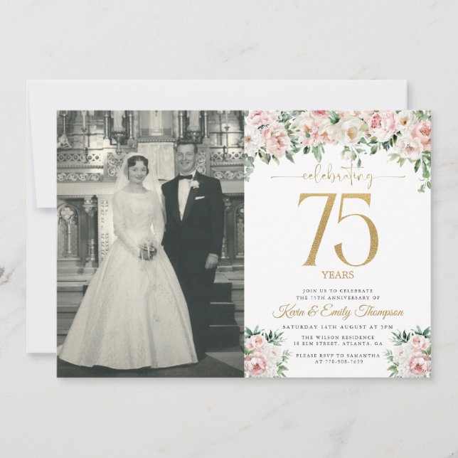 Blush Pink Floral 75th Anniversary  Invitation (Front)