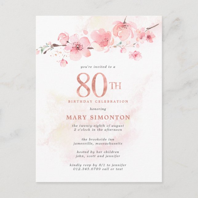 Blush Pink Floral 80th Birthday Invitation Postcard (Front)