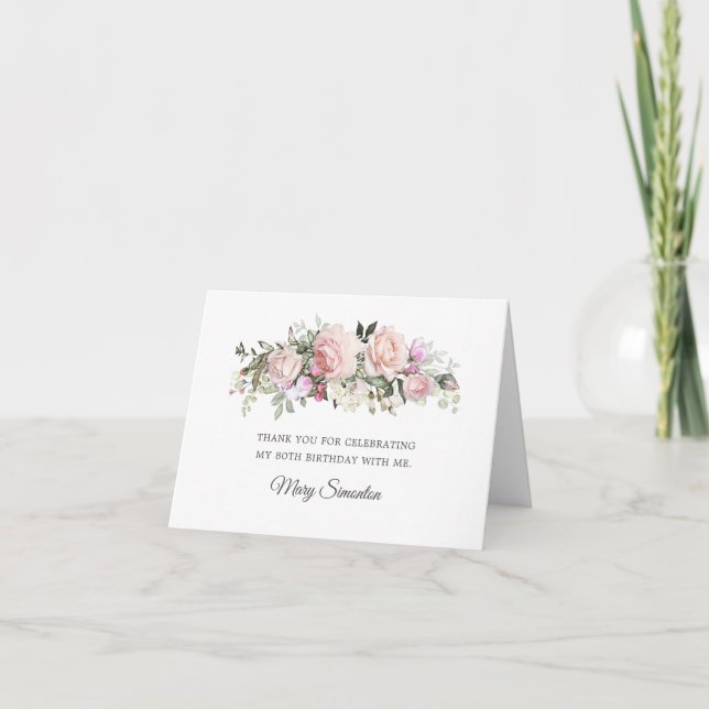 Blush Pink Floral 80th Birthday Thank You Card (Front)