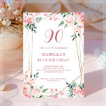 Blush Pink Floral 90th Birthday Invitation<br><div class="desc">Looking for a beautiful and elegant birthday invitation? Check out our blush pink floral invitation with a stunning gold geometric frame! This customizable invitation is perfect for any birthday celebration, whether it's a sweet 16, 30th, or 60th. The delicate pink flowers add a touch of femininity, while the gold frame...</div>