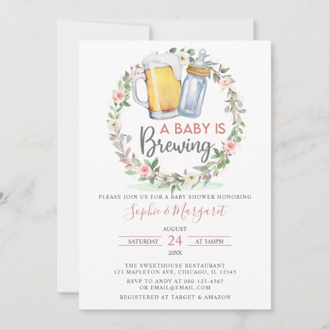 Blush Pink Floral A Baby Is Brewing Baby Shower Invitation (Front)