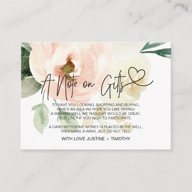 Blush Pink Floral A Note on Gifts Wishing Well Enclosure Card (Front)